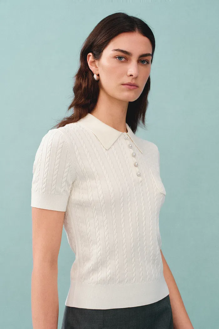 Gracia White Polo Top in High Stretch Knit - Image 5
