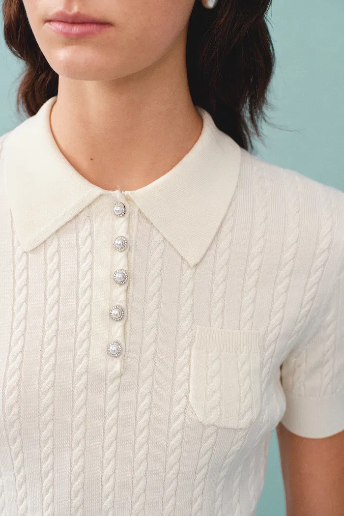 Gracia White Polo Top in High Stretch Knit - Image 7