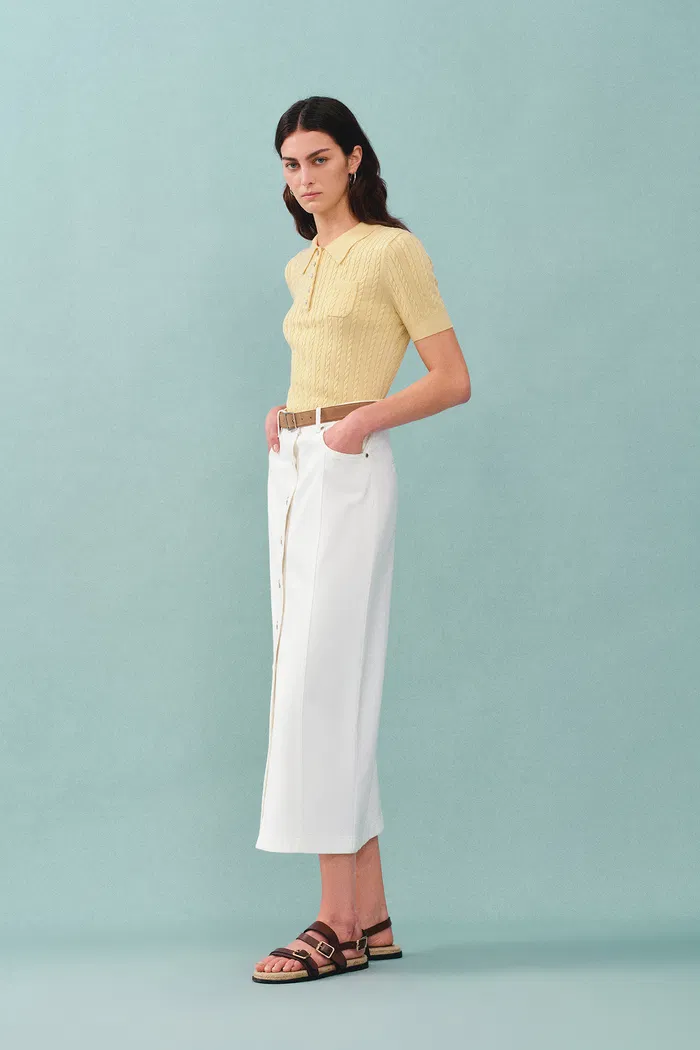 Gracia Yellow Polo Top in High Stretch Cable Knit - Image 4
