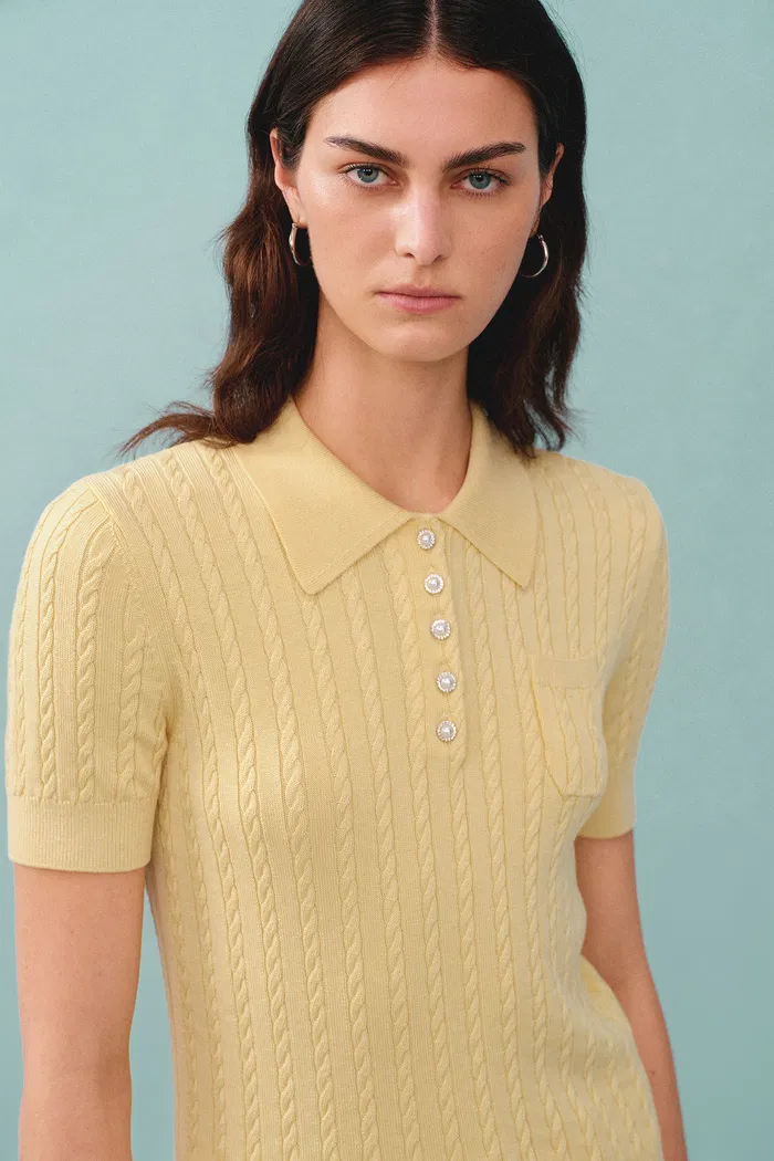 Gracia Yellow Polo Top in High Stretch Cable Knit - Image 5