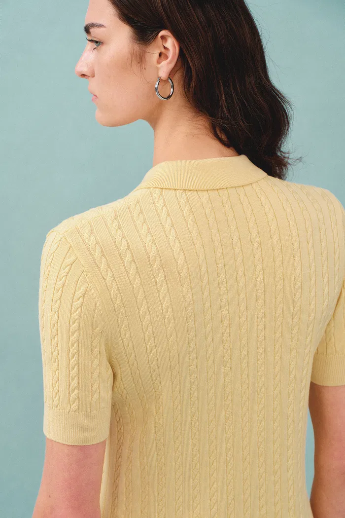 Gracia Yellow Polo Top in High Stretch Cable Knit - Image 6