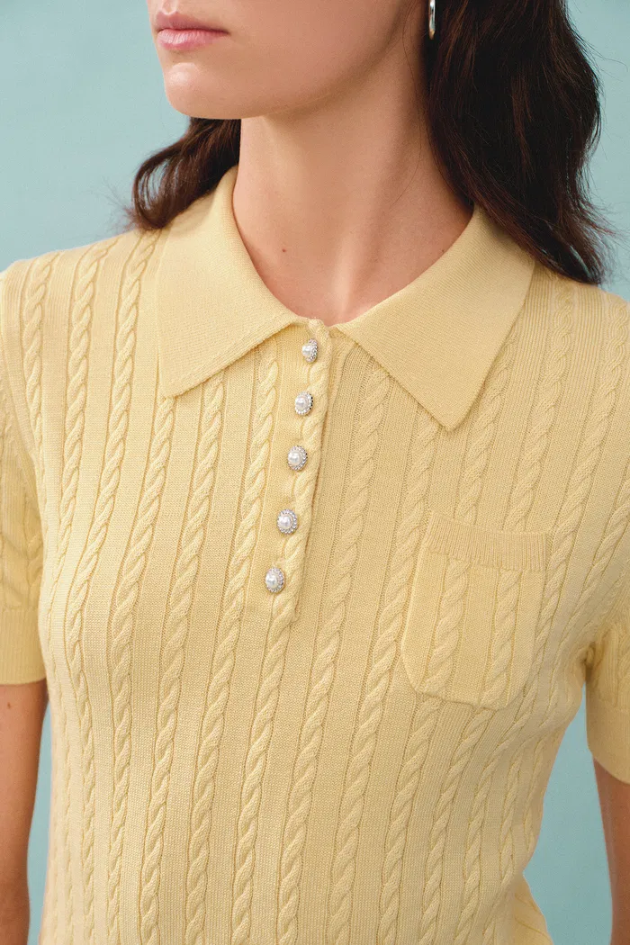 Gracia Yellow Polo Top in High Stretch Cable Knit - Image 7