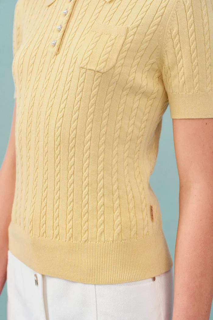 Gracia Yellow Polo Top in High Stretch Cable Knit - Image 8