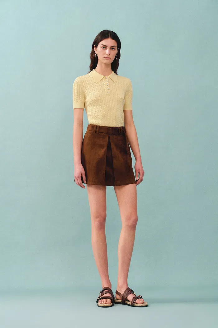 Gracia Yellow Polo Top in High Stretch Cable Knit - Image 9
