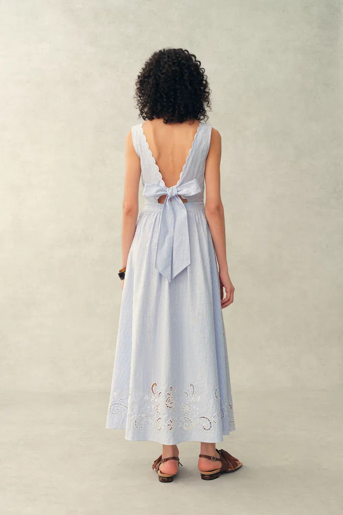 Gracie Striped Embroidered Open-back Sleeveless Dress in Crinkled Cotton - Image 4