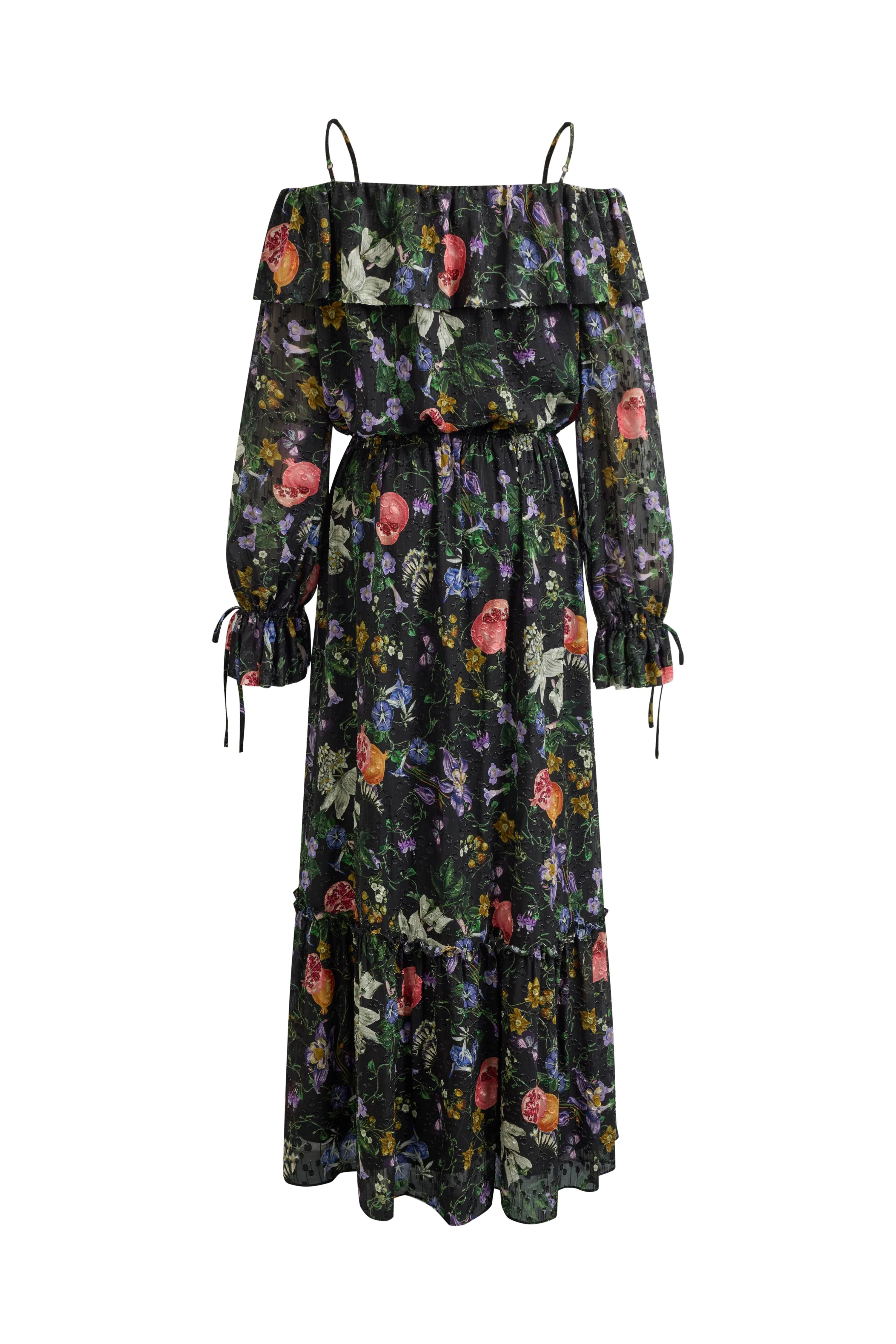 Granata Off Shoulder Hand-painted Print Dress in Silk Georgette - Image 10