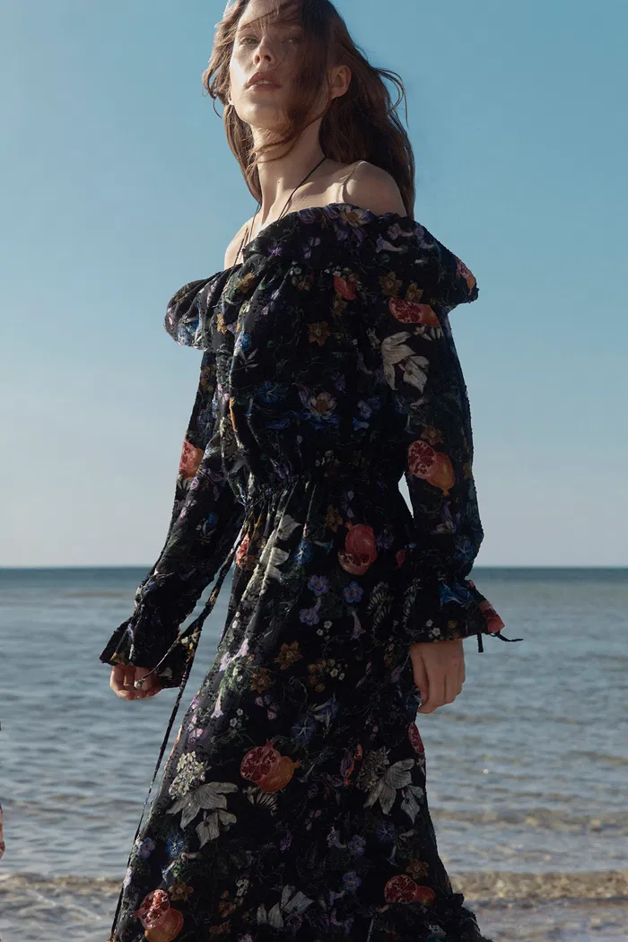 Granata Off Shoulder Hand-painted Print Dress in Silk Georgette - Image 4