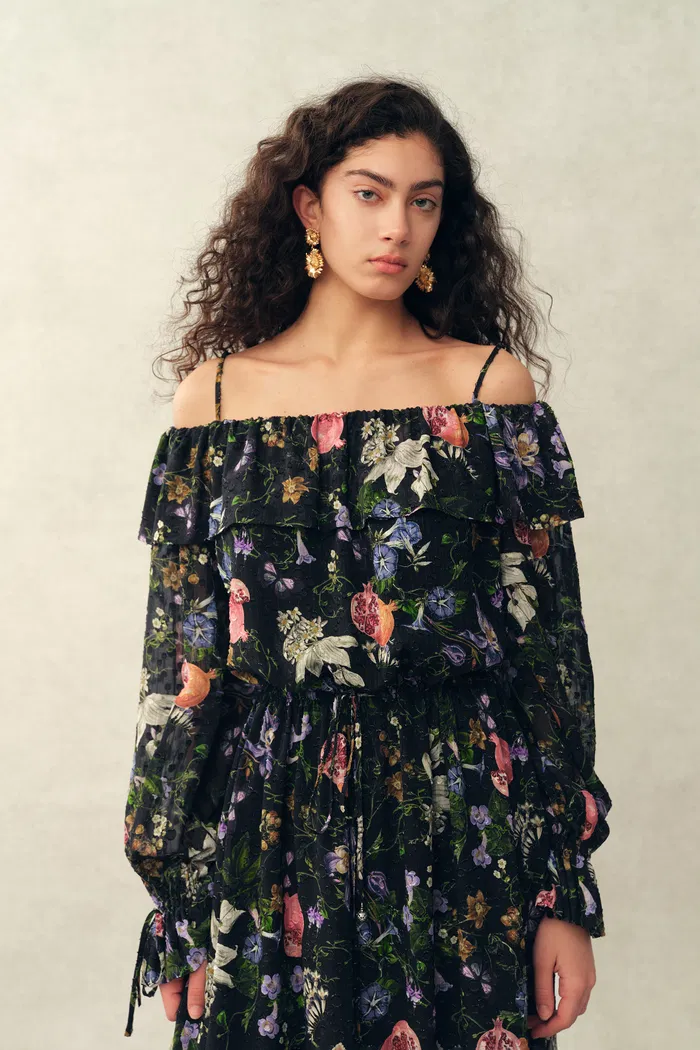 Granata Off Shoulder Hand-painted Print Dress in Silk Georgette - Image 5