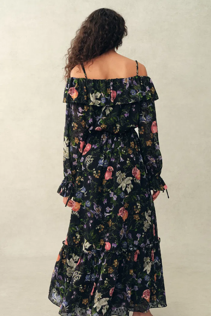 Granata Off Shoulder Hand-painted Print Dress in Silk Georgette - Image 6