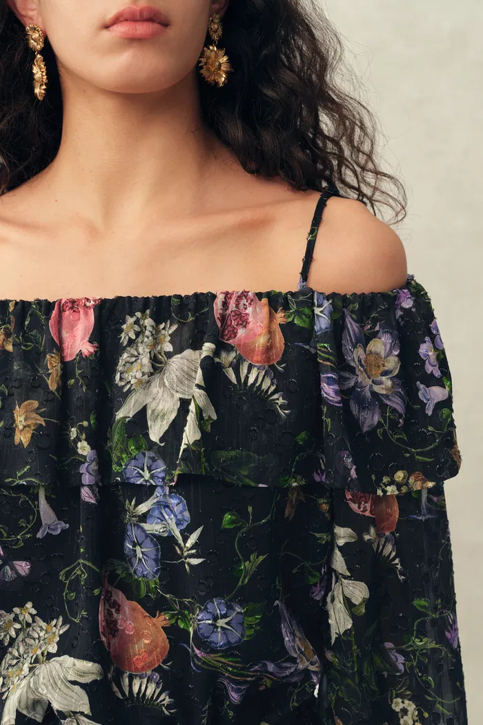 Granata Off Shoulder Hand-painted Print Dress in Silk Georgette - Image 7