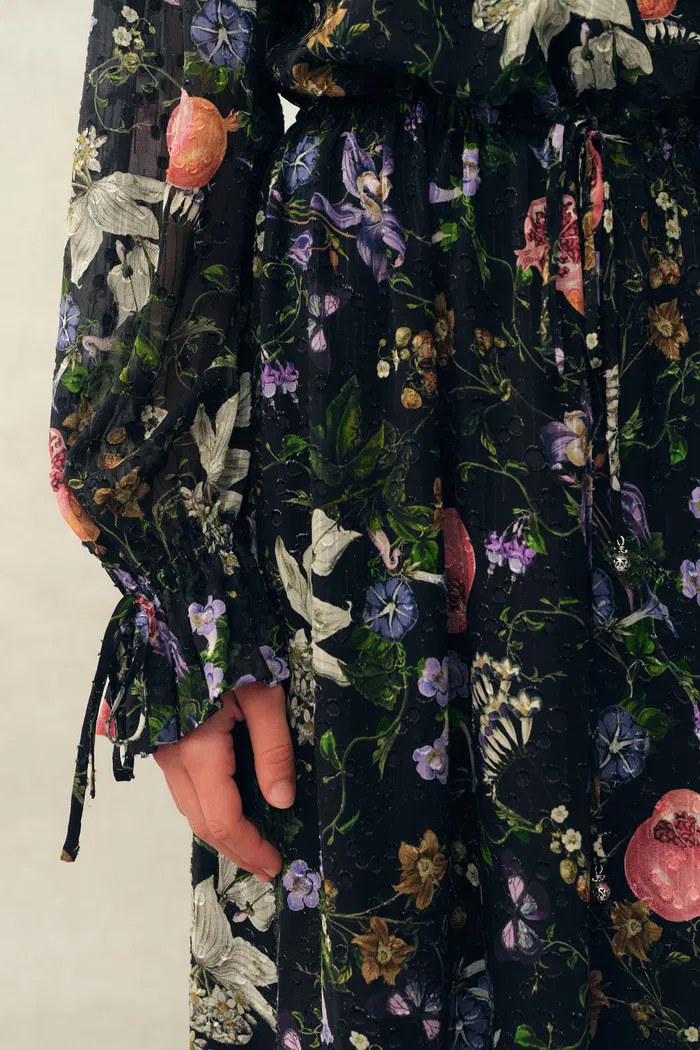 Granata Off Shoulder Hand-painted Print Dress in Silk Georgette - Image 8