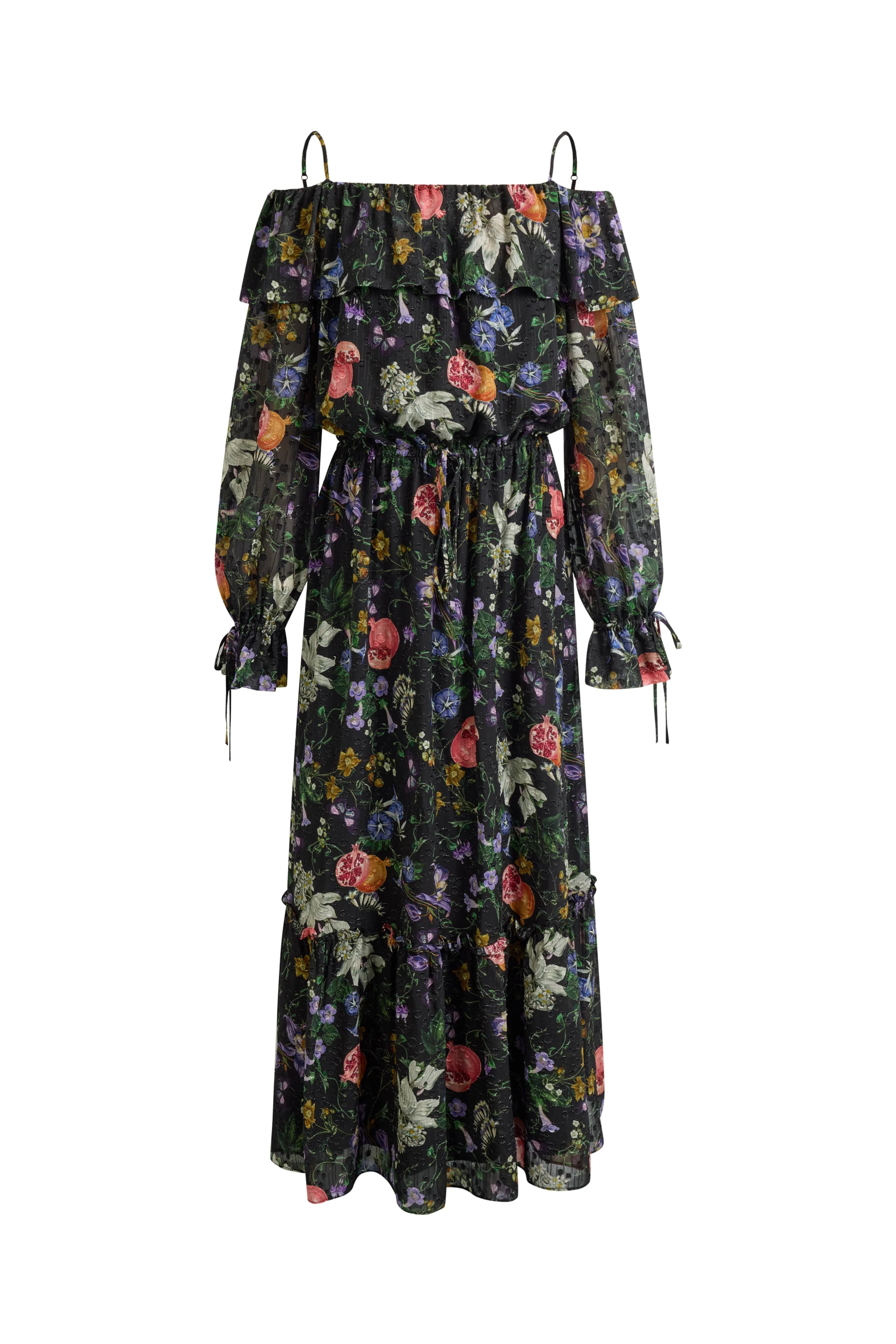 Granata Off Shoulder Hand-painted Print Dress in Silk Georgette - Image 9