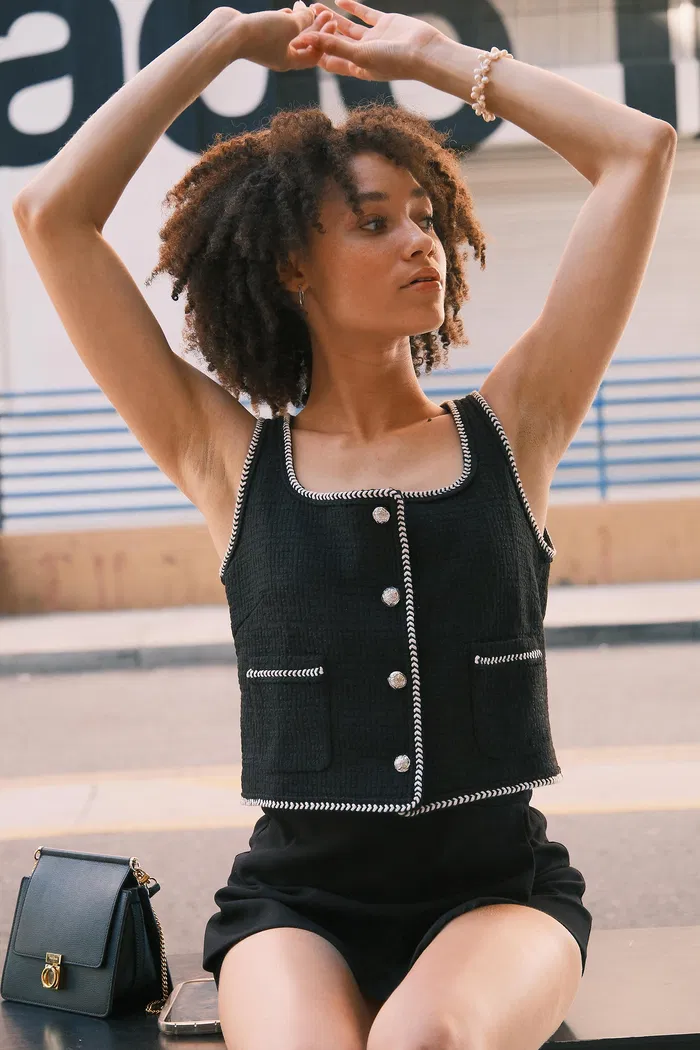 Hailey Contrast Trim Vest in Herringbone Tweed - Image 2