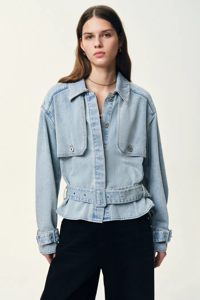 Halle Washed Short Trench Inspired Jacket in Light Blue Denim - Image 4