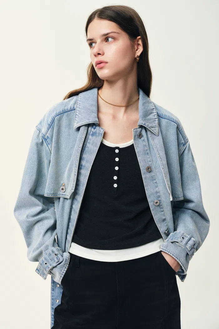 Halle Washed Short Trench Inspired Jacket in Light Blue Denim - Image 5