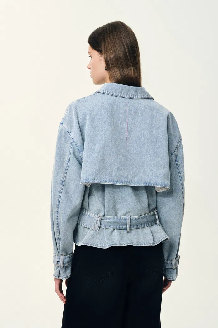 Halle Washed Short Trench Inspired Jacket in Light Blue Denim - Image 6