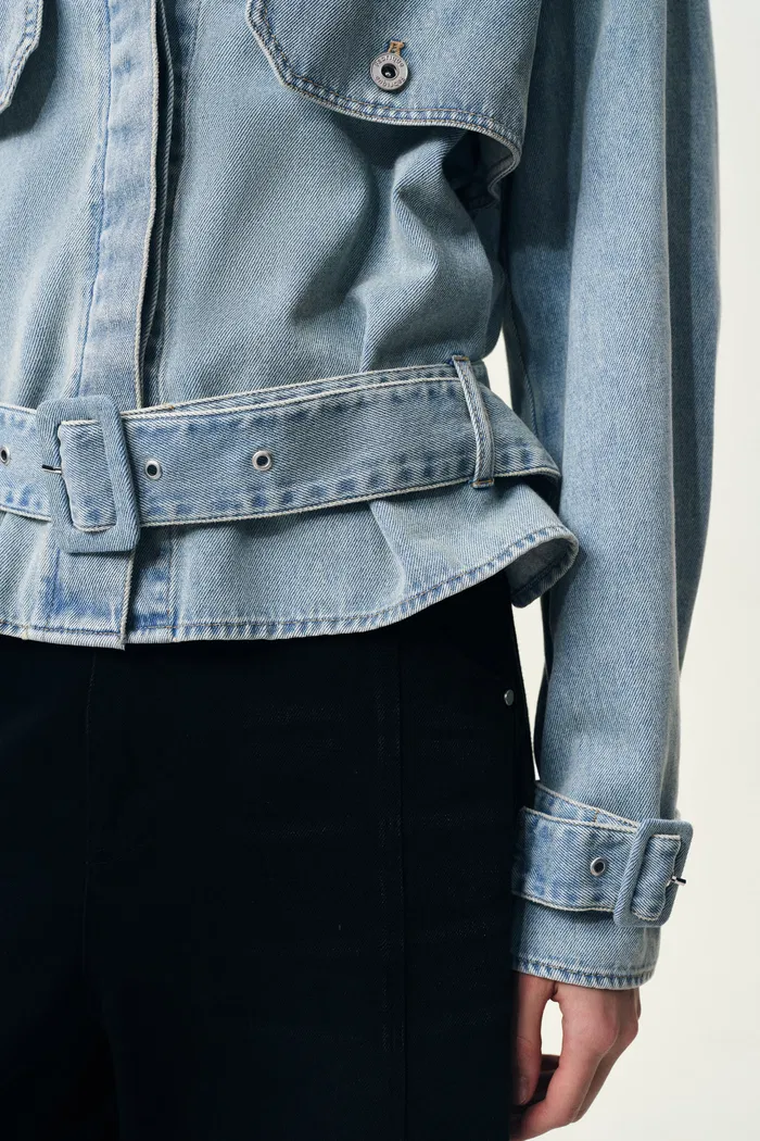 Halle Washed Short Trench Inspired Jacket in Light Blue Denim - Image 7