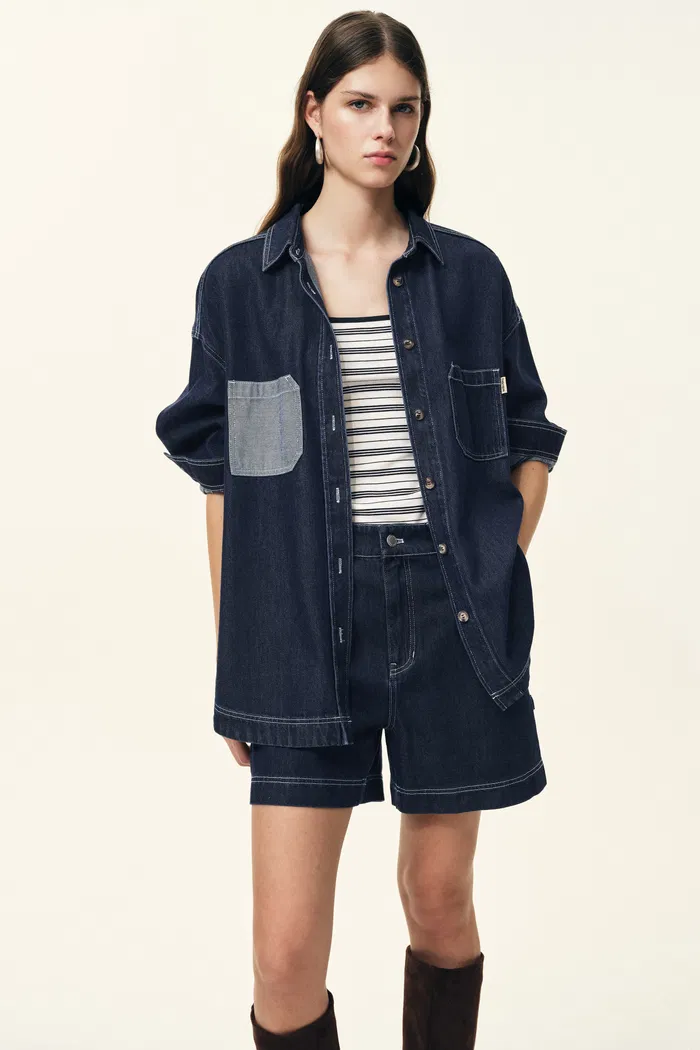 Harlow Contrast Stitch Denim Shirt and Shorts Set in Lightweight Cotton Denim - Image 3