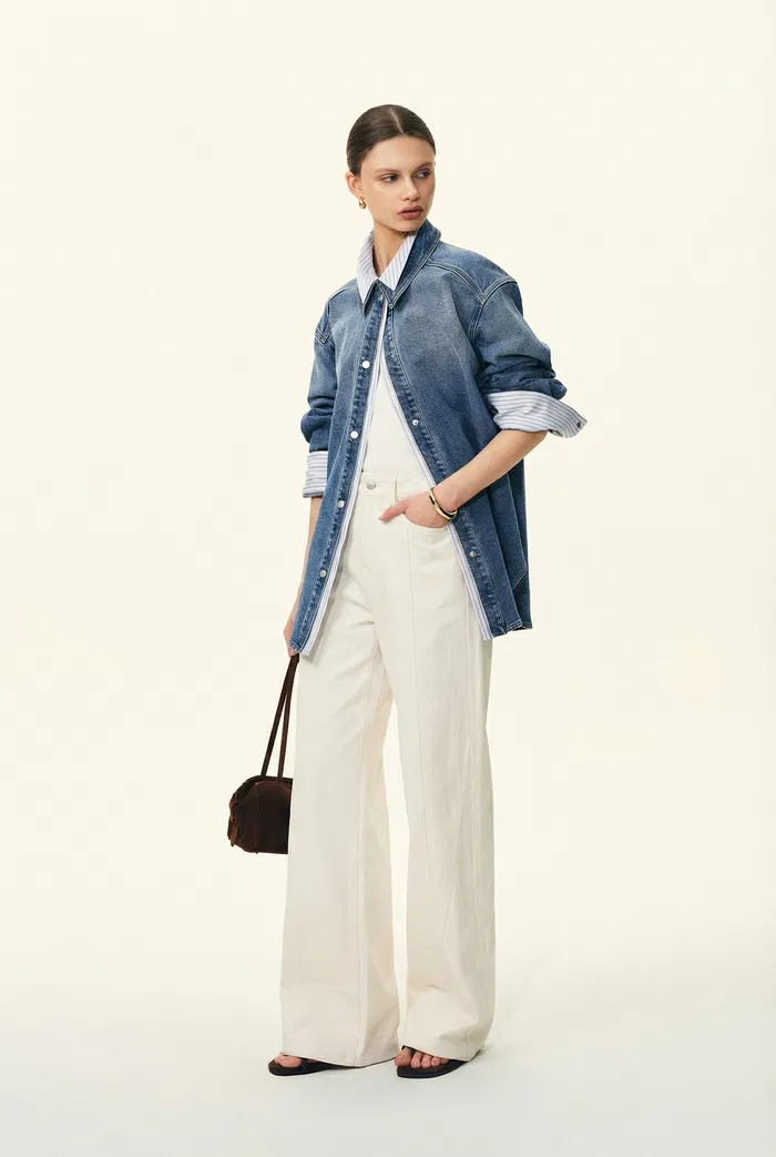 Harlow Striped Contrast Patchwork Shirt in Cotton Denim - Image 10