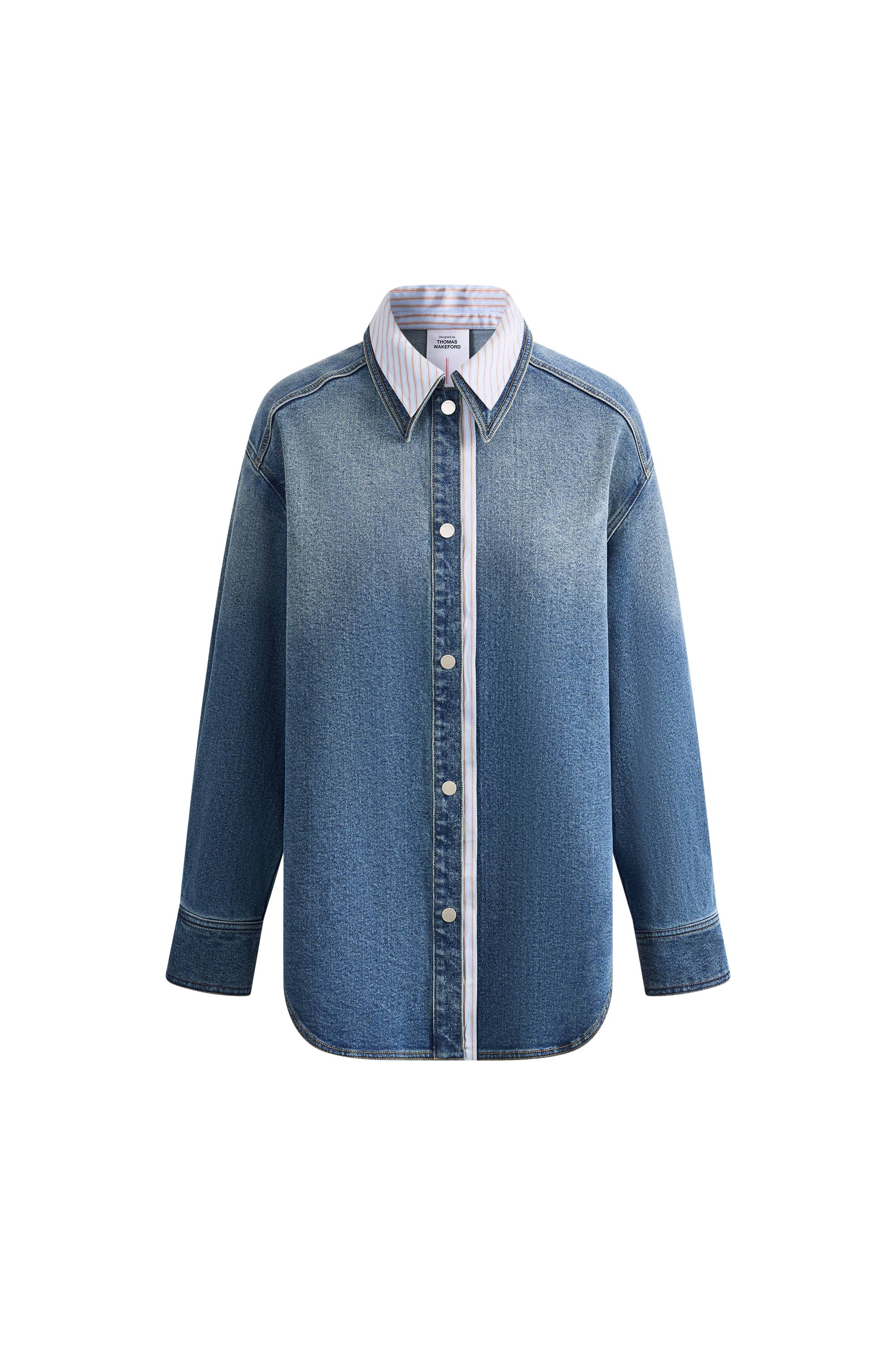 Harlow Striped Contrast Patchwork Shirt in Cotton Denim - Image 11