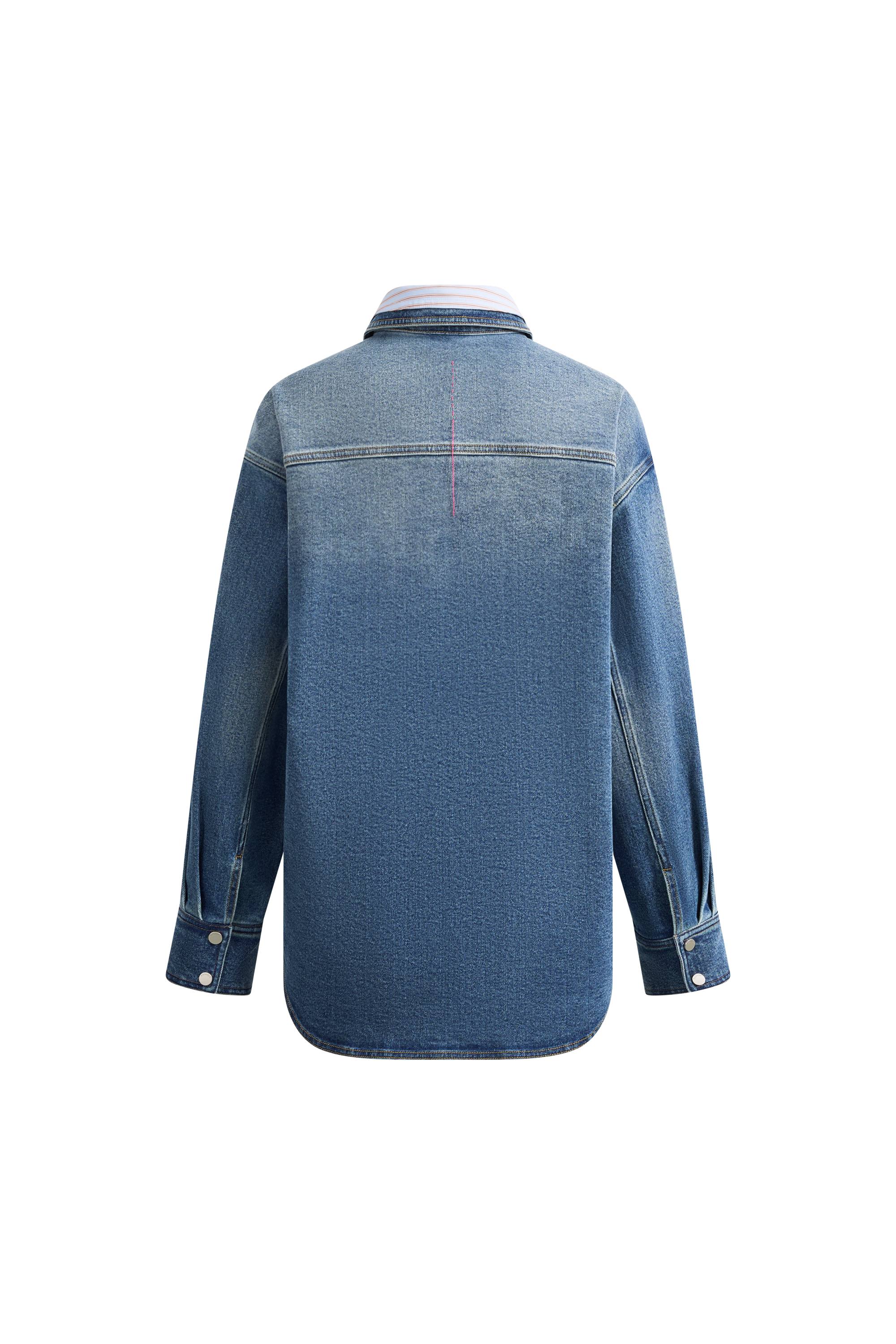 Harlow Striped Contrast Patchwork Shirt in Cotton Denim - Image 12