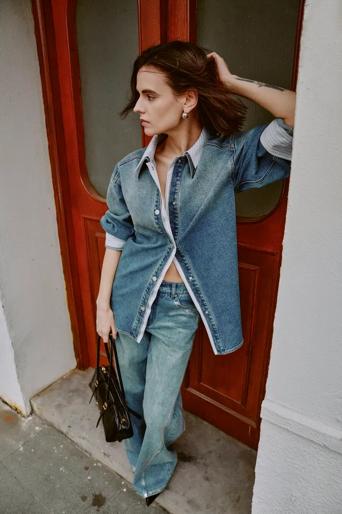 Harlow Striped Contrast Patchwork Shirt in Cotton Denim - Image 3