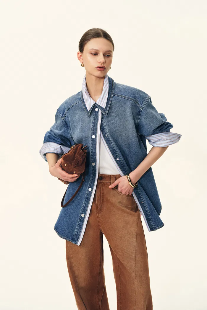Harlow Striped Contrast Patchwork Shirt in Cotton Denim - Image 6