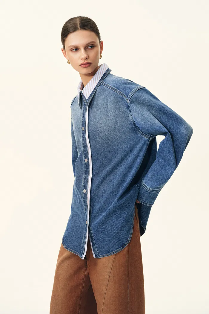 Harlow Striped Contrast Patchwork Shirt in Cotton Denim - Image 7