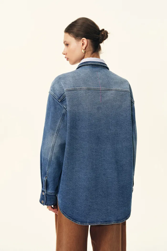 Harlow Striped Contrast Patchwork Shirt in Cotton Denim - Image 8