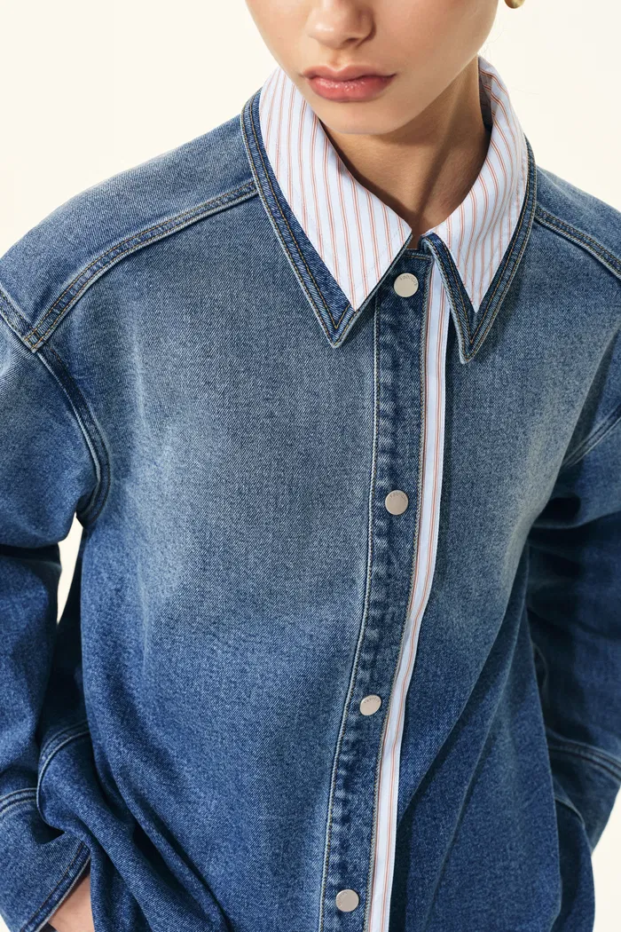 Harlow Striped Contrast Patchwork Shirt in Cotton Denim - Image 9