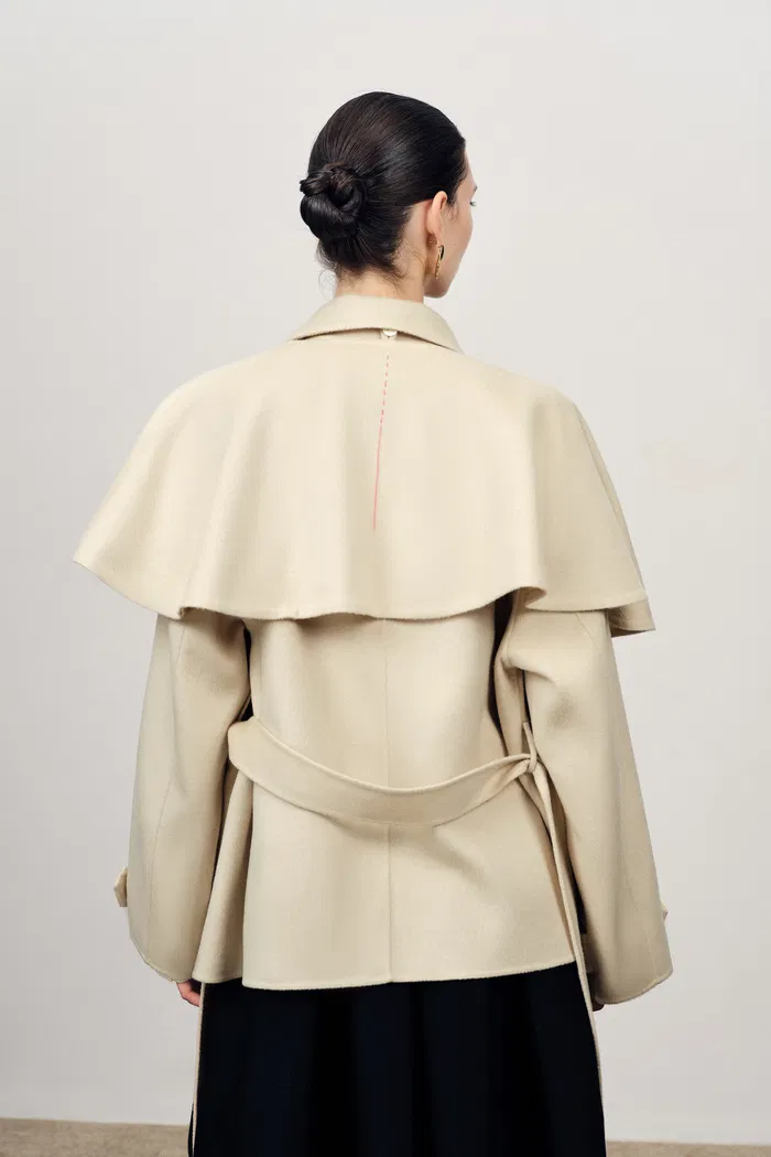 Harmony Detachable Cape Shearling Short Coat in Merino Wool - Image 5