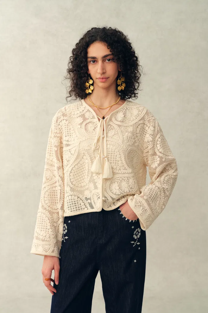Hazel Crochet Paisley Sheer Tassel Tie Blouse in 100% Cotton with Lace - Image 2