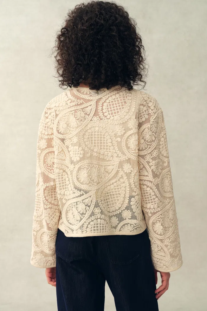 Hazel Crochet Paisley Sheer Tassel Tie Blouse in 100% Cotton with Lace - Image 3