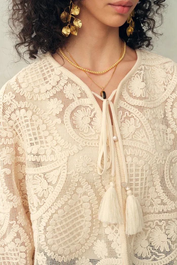 Hazel Crochet Paisley Sheer Tassel Tie Blouse in 100% Cotton with Lace - Image 4