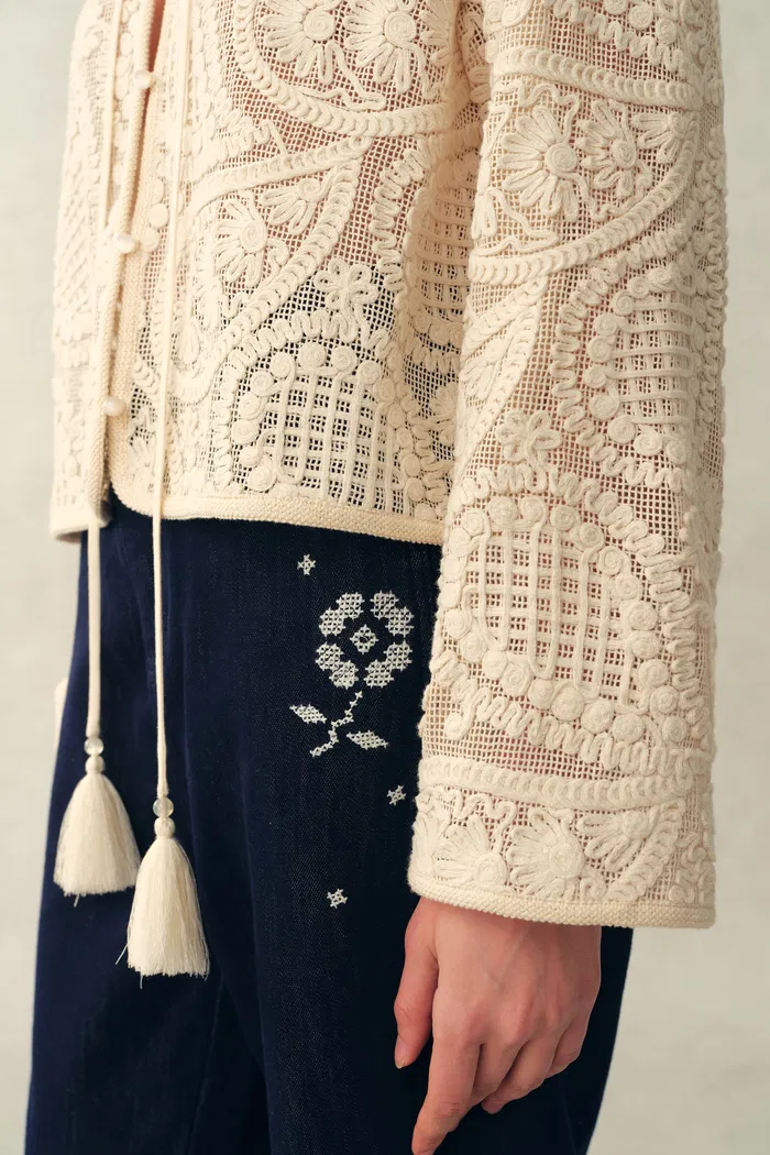 Hazel Crochet Paisley Sheer Tassel Tie Blouse in 100% Cotton with Lace - Image 5