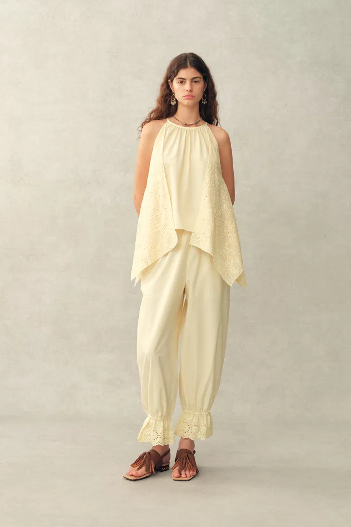 Hazel Lace Panel Balloon Leg Cropped Pants in Silk-Cotton Blend - Image 2