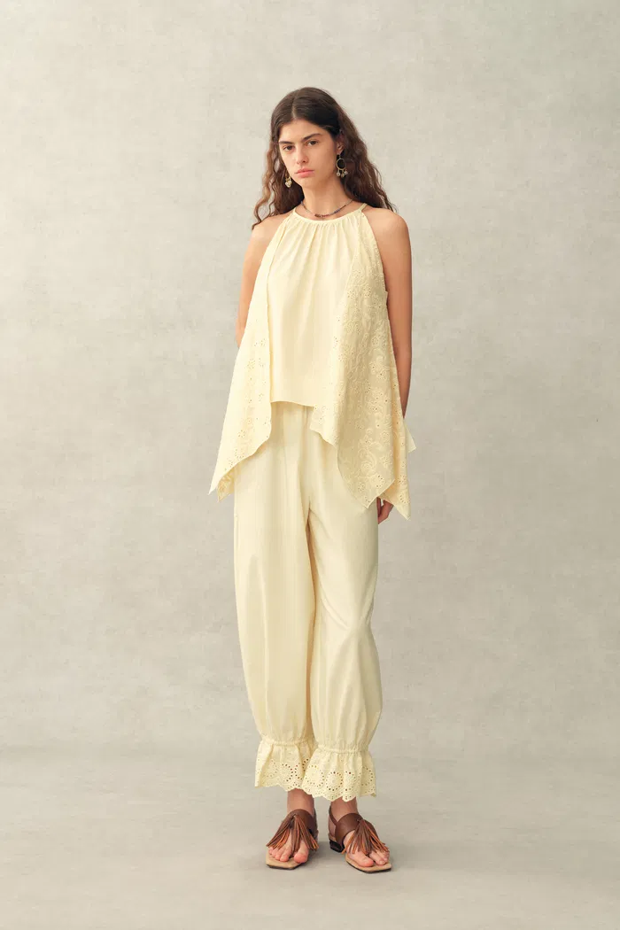 Hazel Lace Panel Halterneck Sleeveless Top and Pants Set in Silk Cotton Blend