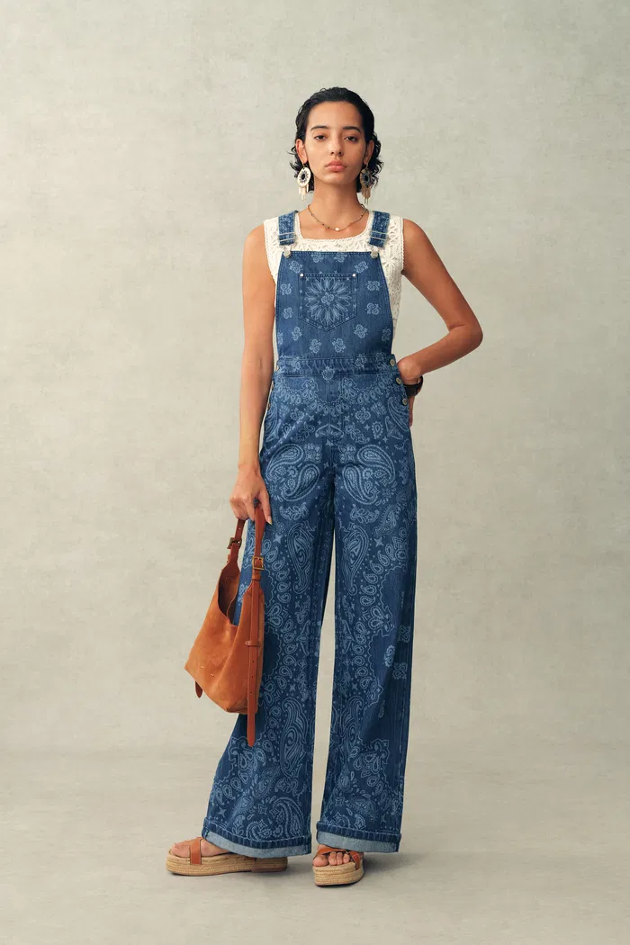 Hazel Laser-Print Paisley Denim Overalls in Cotton Denim