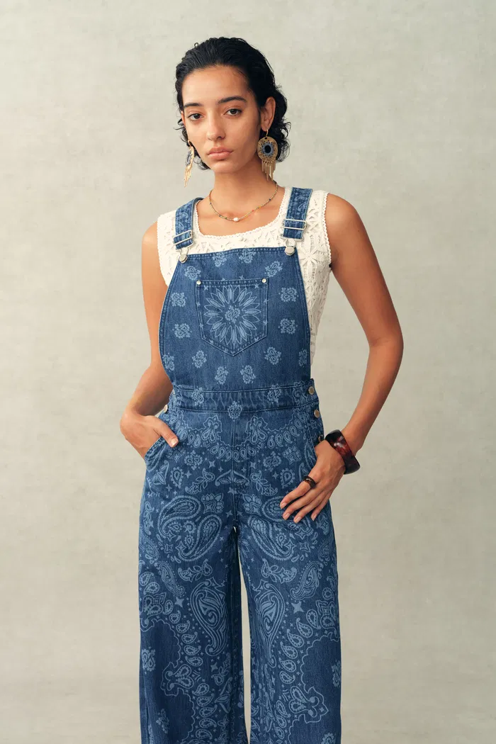 Hazel Laser-Print Paisley Denim Overalls in Cotton Denim - Image 3