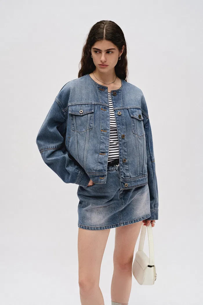 Helmingham Round Neck Jacket in Lyocell Denim - Image 2