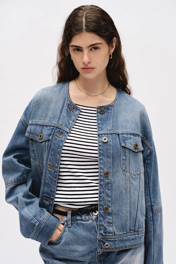 Helmingham Round Neck Jacket in Lyocell Denim - Image 4