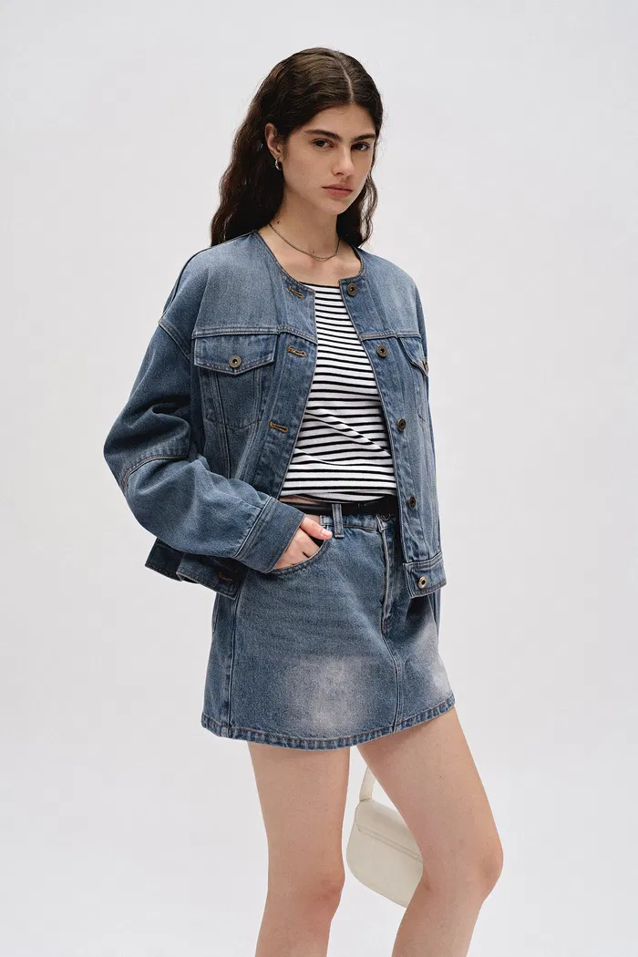 Helmingham Round Neck Jacket in Lyocell Denim - Image 5