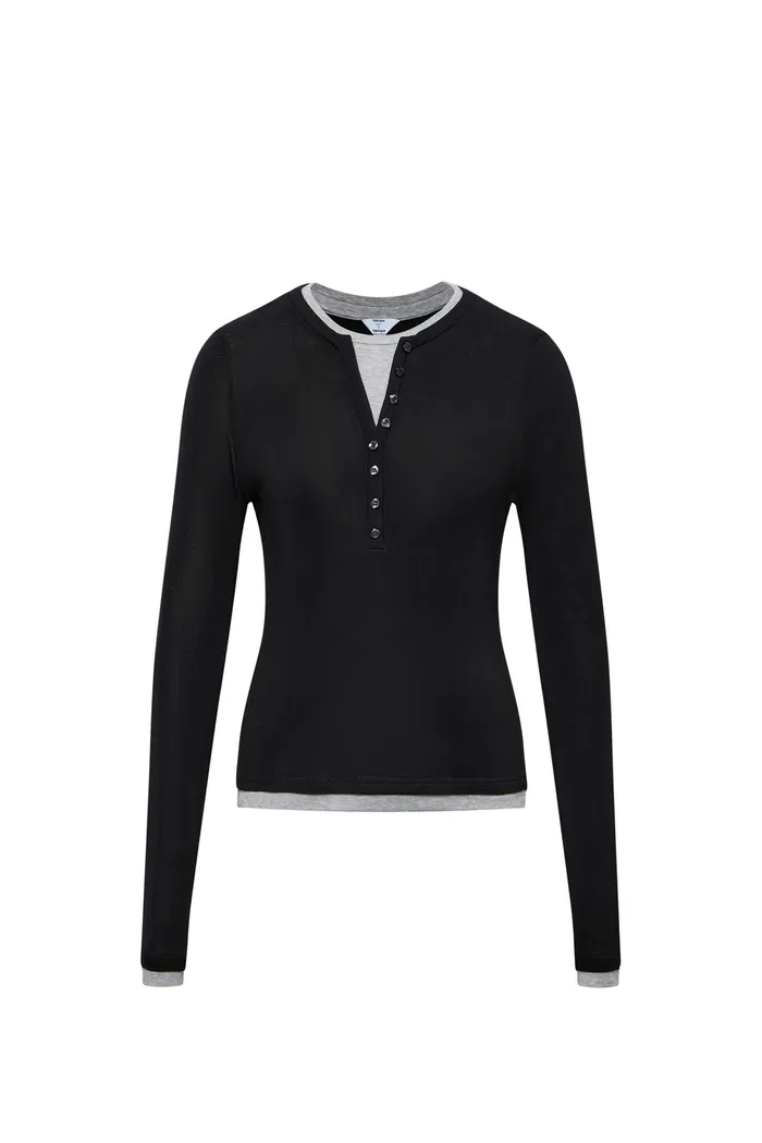 Henley Layered Long Sleeve Top in Tencel-Wool Knit - Image 10