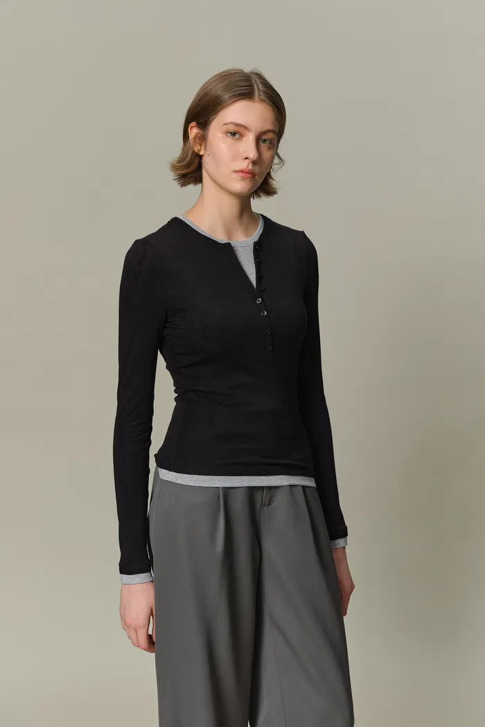 Henley Layered Long Sleeve Top in Tencel-Wool Knit - Image 2