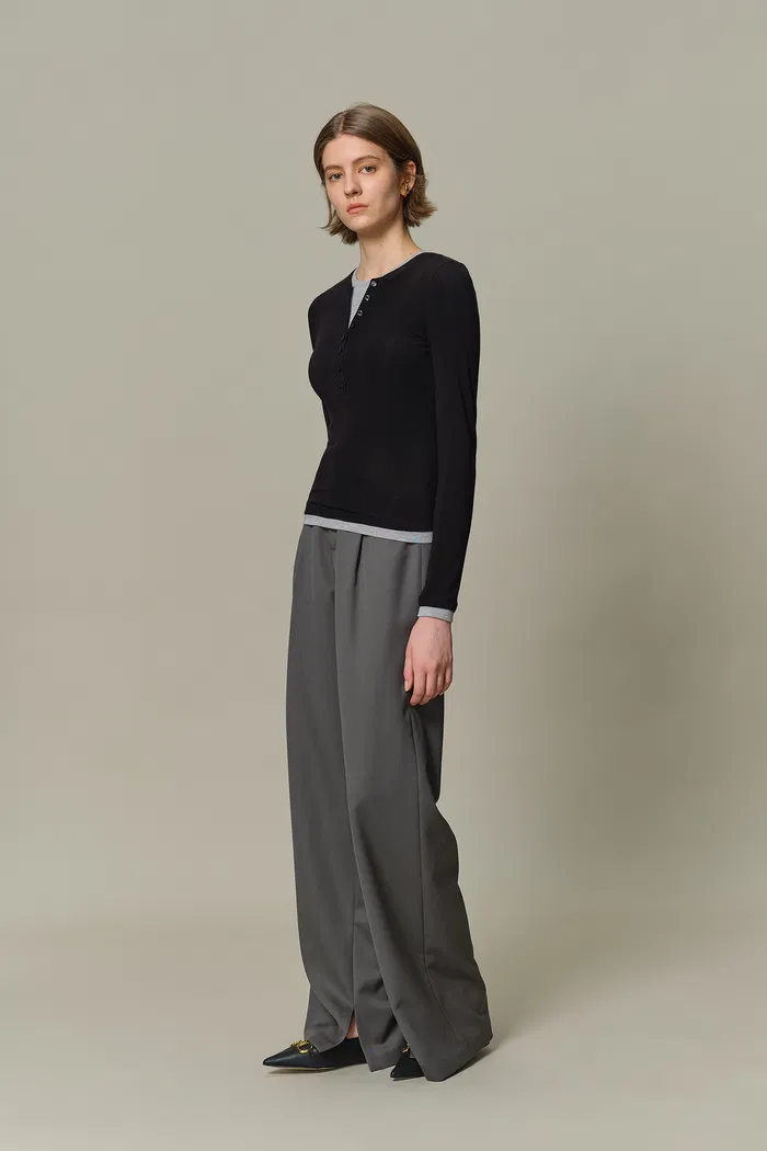 Henley Layered Long Sleeve Top in Tencel-Wool Knit - Image 3