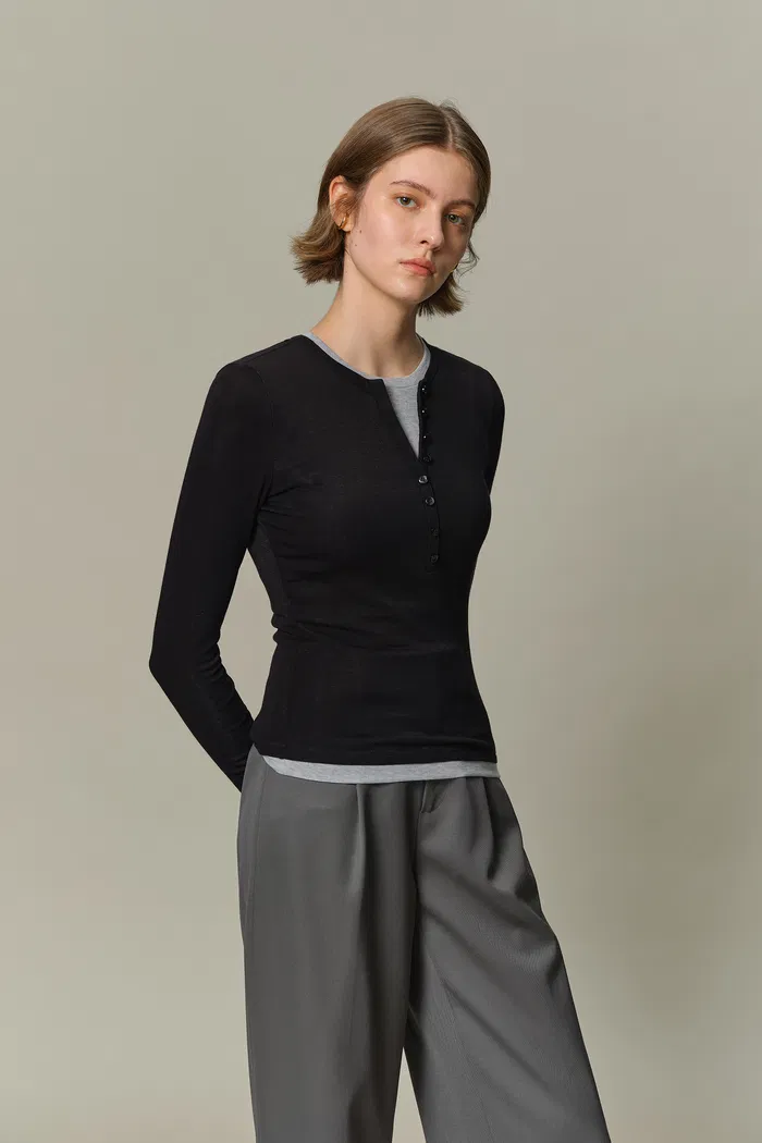 Henley Layered Long Sleeve Top in Tencel-Wool Knit - Image 4