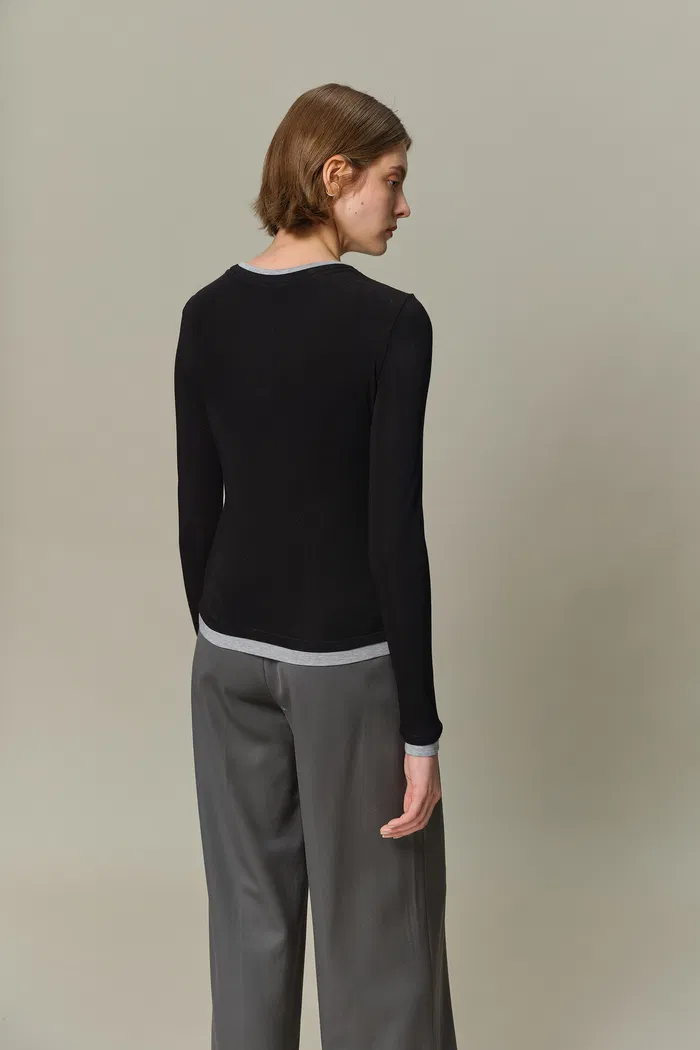 Henley Layered Long Sleeve Top in Tencel-Wool Knit - Image 5