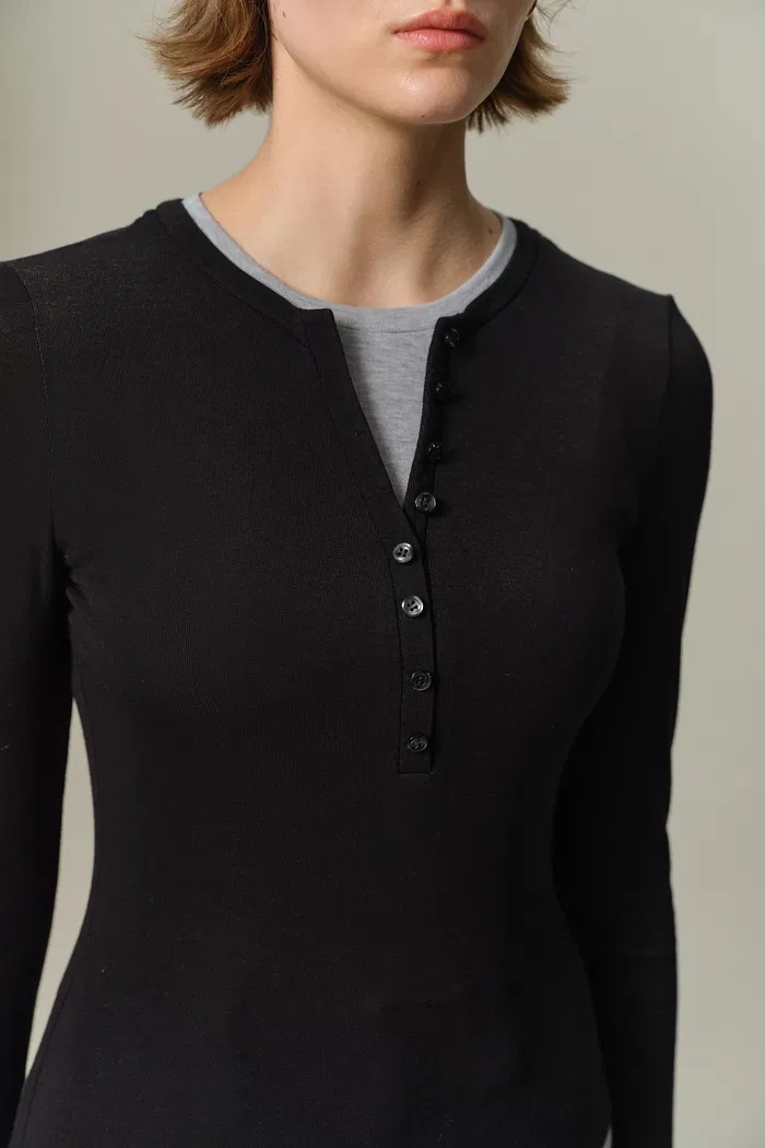 Henley Layered Long Sleeve Top in Tencel-Wool Knit - Image 6