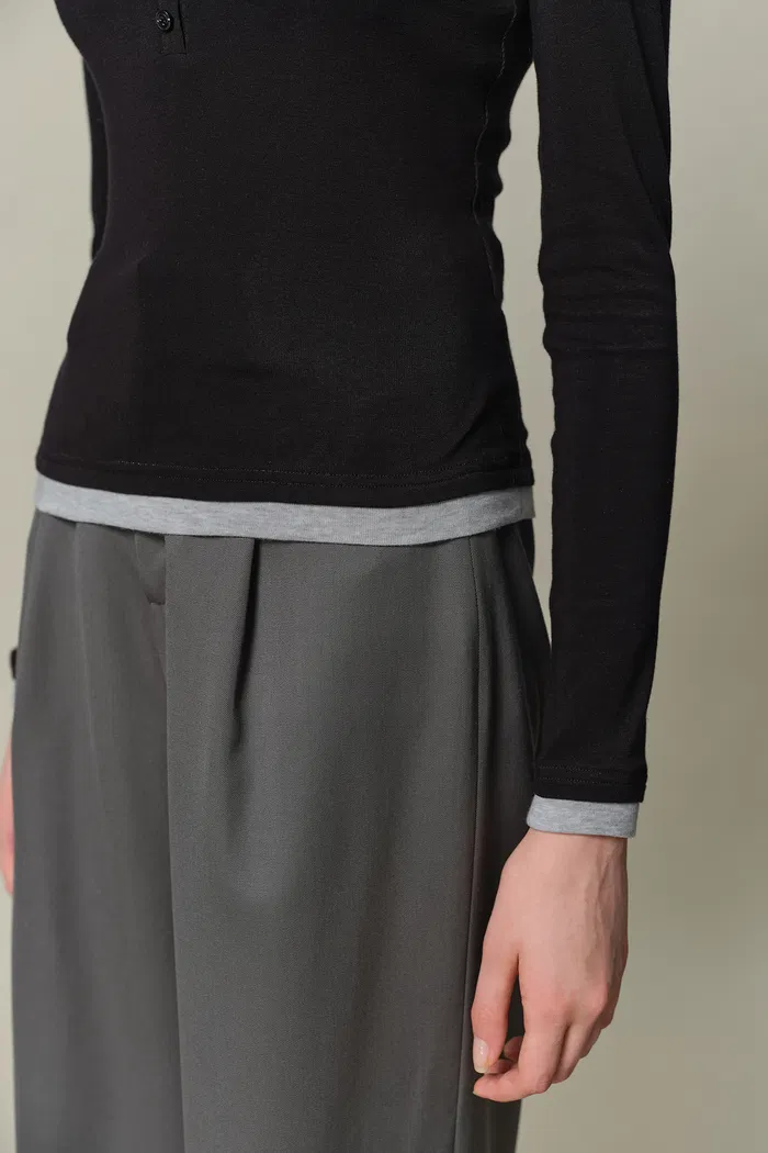 Henley Layered Long Sleeve Top in Tencel-Wool Knit - Image 7
