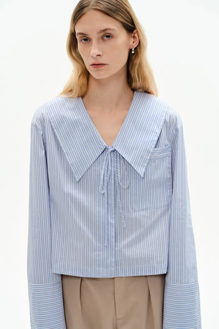 Holkham Oversized Collar Striped shirt in Cotton Blend Poplin - Image 8